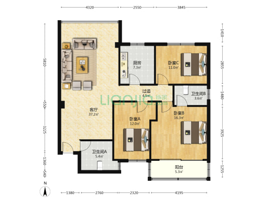 环海路91号 3室1厅2卫 129平方