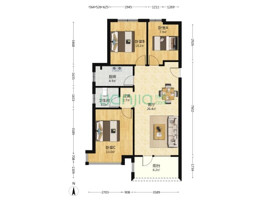 阿尔卡迪亚·花语馨园 3室1厅1卫 105平方