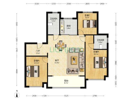 绿城桂语澜庭 3室1厅2卫 141平方