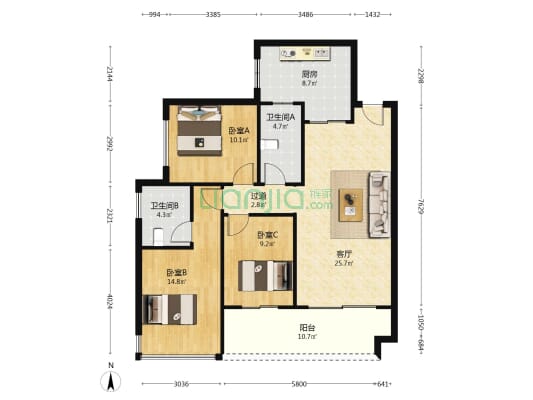 名巨伴山 3室1厅2卫 104平方