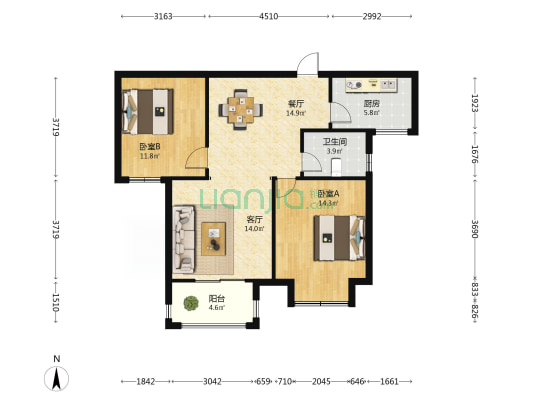 骏景溪悦 2室2厅1卫 93平方