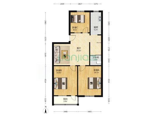 粮食局宿舍 3室1厅1卫 89平方