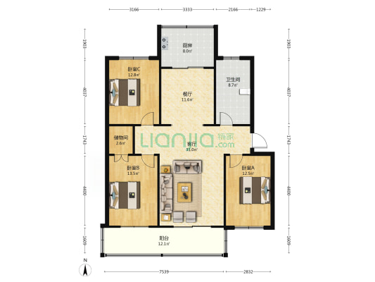 政和小区一号院 3室2厅1卫 125平方