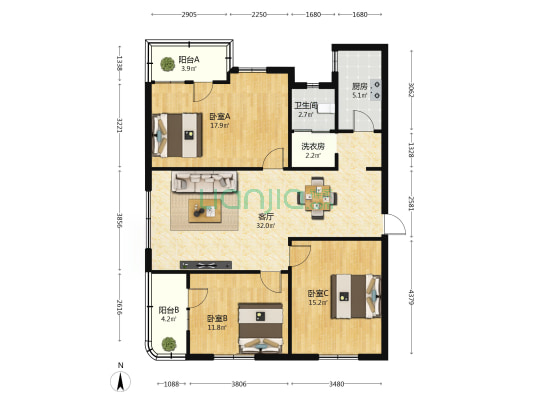泰丰花园 3室1厅1卫 110平方