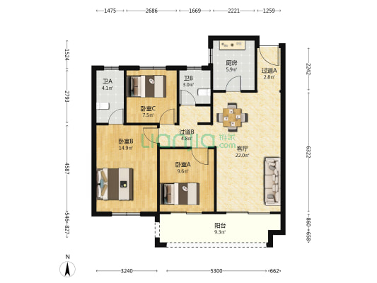 春瑭丽景花园 3室1厅2卫 114平方