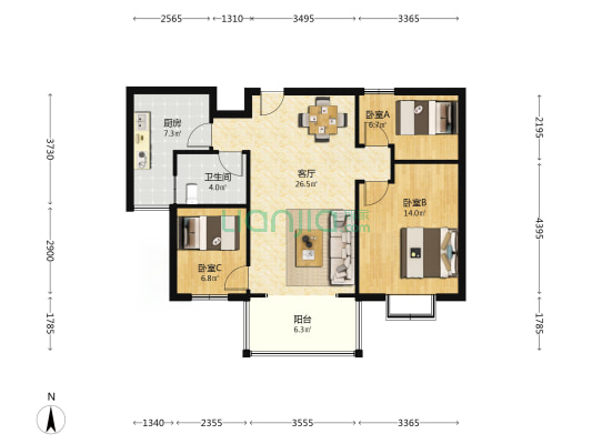 东方一品 3室1厅1卫 91平方