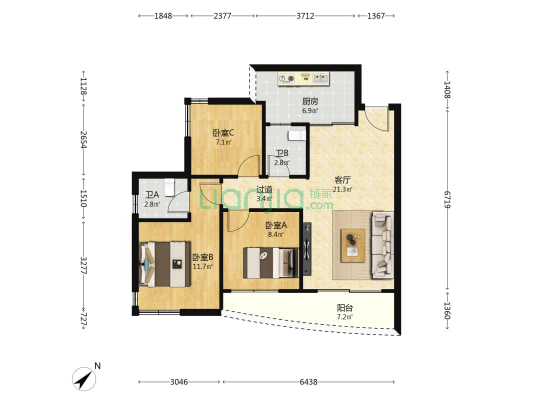 万汇中心 3室1厅2卫 78平方
