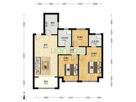 琵琶新城北区 3室1厅2卫 103平方