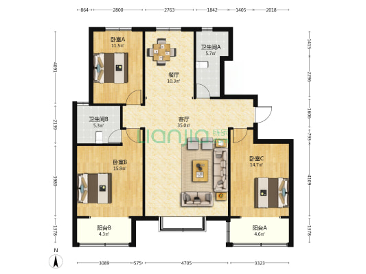 旺峰瑞石 3室2厅2卫 147平方