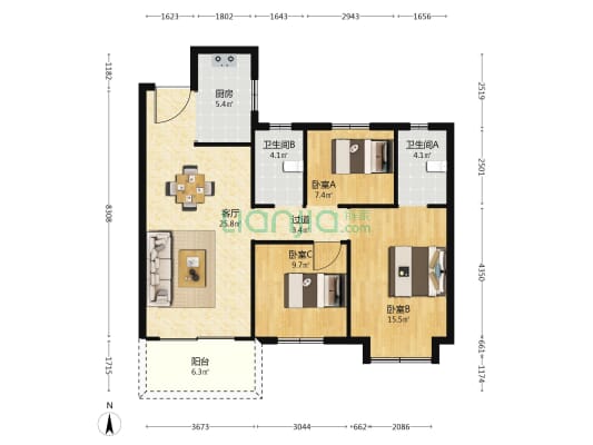 长沙北中心保利时代A区 3室1厅2卫 109平方