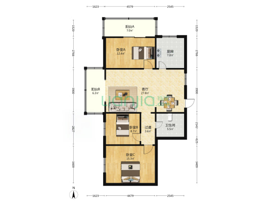 银苑大厦 3室1厅1卫 124平方