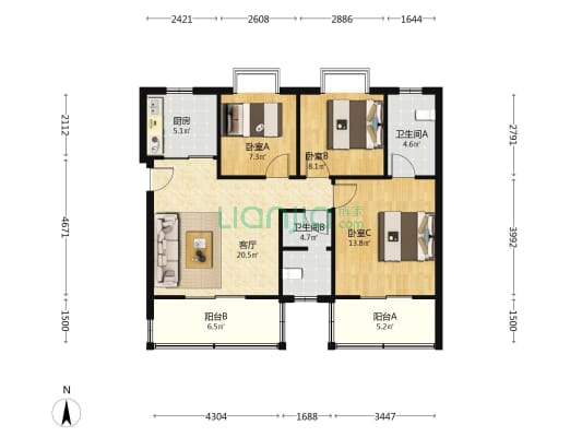 福润园 3室1厅2卫 93平方