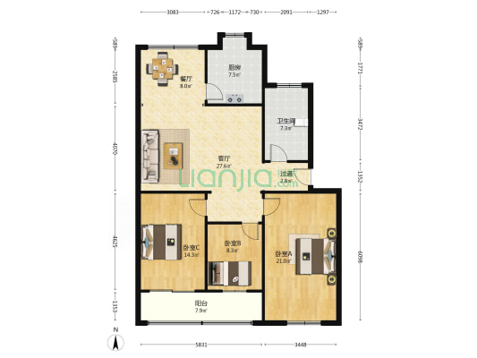 佳家园 3室2厅1卫 127平方