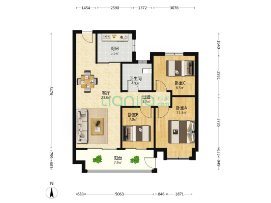紫云苑南区 3室1厅1卫 90平方