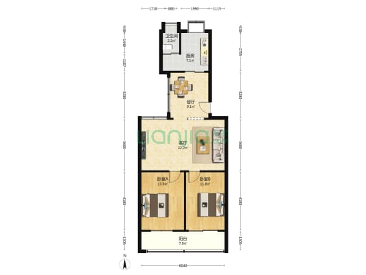 鸿基公寓 2室2厅1卫 90平方