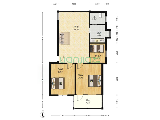 农校宿舍 3室1厅1卫 93平方