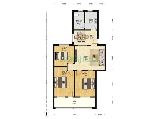 发展大院 3室2厅1卫 82平方