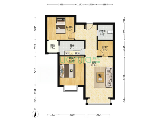 户型方正，中间楼层，花园小区，封闭管理-户型图