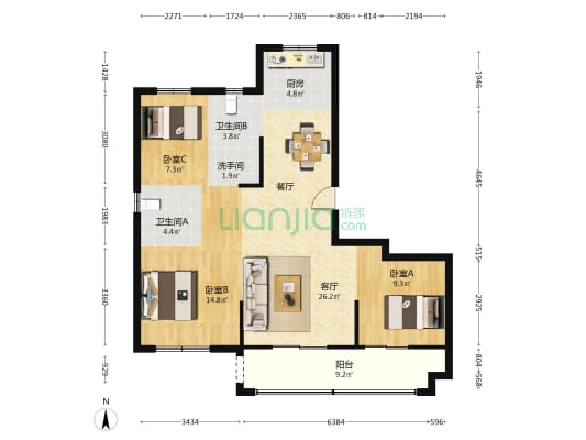 水乡云锦府 3室1厅3卫 116平方
