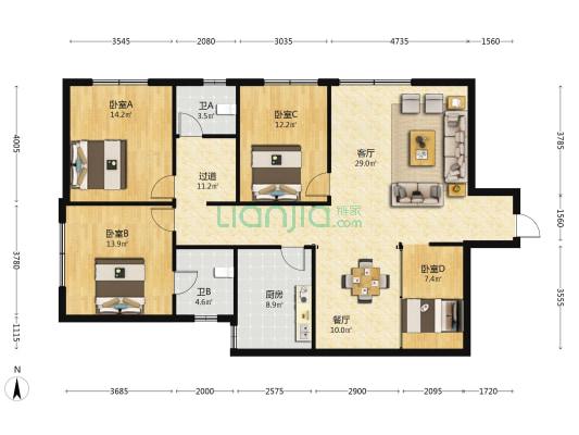 崇善大厦 4室2厅2卫 126平方