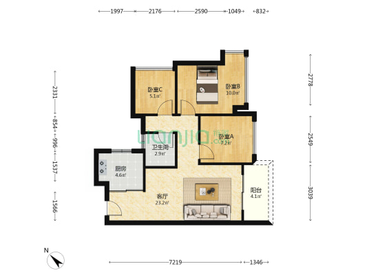 远洋天成 3室1厅1卫 71平方
