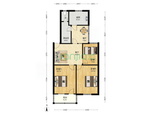 市工商局宿舍 3室2厅2卫 84平方
