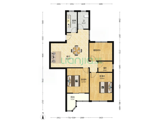 蓝天公寓 2室1厅1卫 103平方