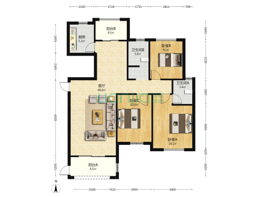 富丽华府 3室1厅2卫 125平方