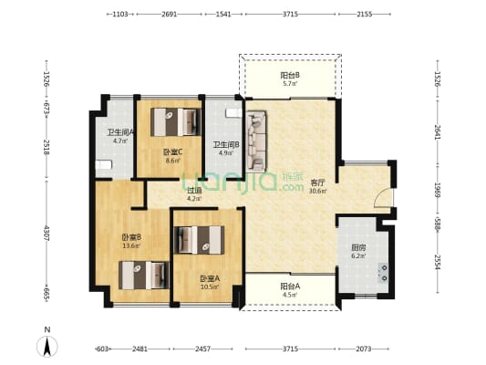 信义金御半山珑门 3室1厅2卫 109平方