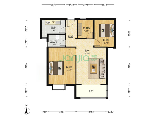 浪花苑 3室1厅1卫 97平方