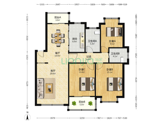 云都花园 3室2厅2卫 120平方