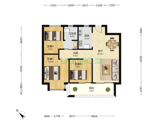 新旅明樾轩 3室1厅1卫 89平方