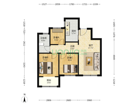 保利开投徕卡公园西区 3室1厅1卫 88平方