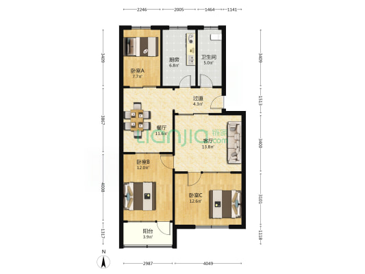 百乐二园 3室2厅1卫 95平方