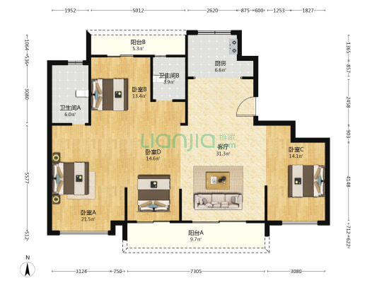 清岸名筑 4室1厅2卫 164平方