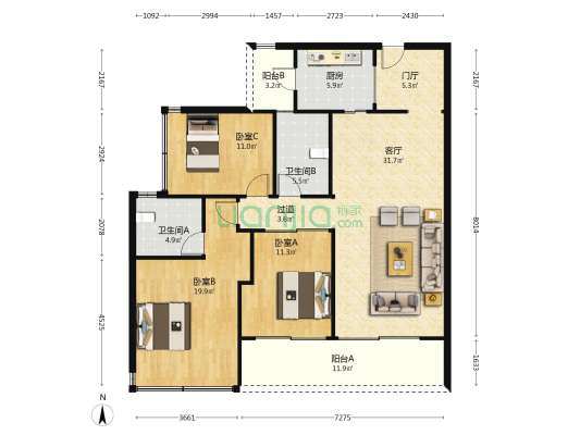 当代璞誉 3室1厅2卫 133平方