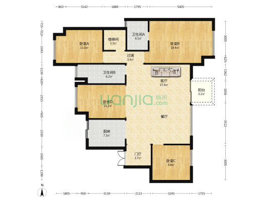 龙湖山海原著上宸 4室1厅2卫 145平方