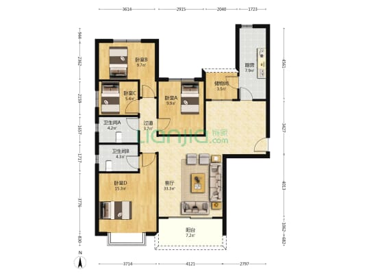 恒大悦湖商业广场 4室1厅2卫 142平方
