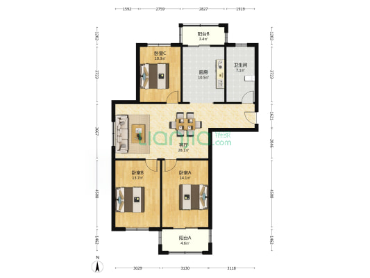 华景新居 3室1厅1卫 118平方