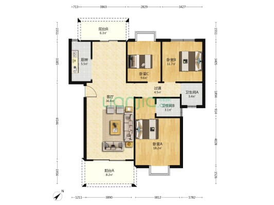 天诚花园 3室1厅2卫 122平方