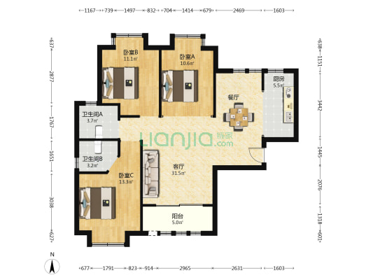 美和天著 3室1厅2卫 107平方