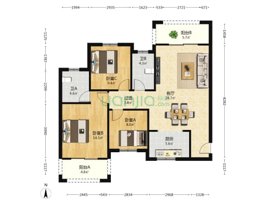 学士翰林苑 3室1厅2卫 118平方