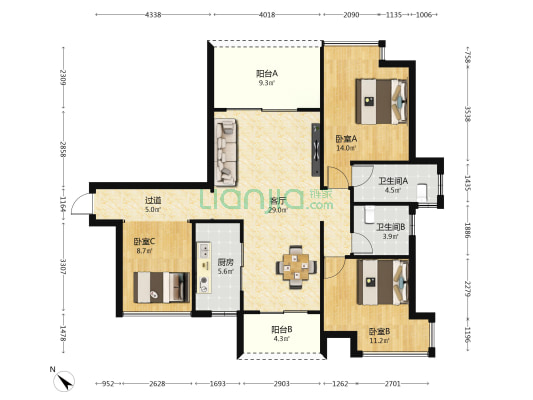 宇丰名苑 3室1厅2卫 109平方