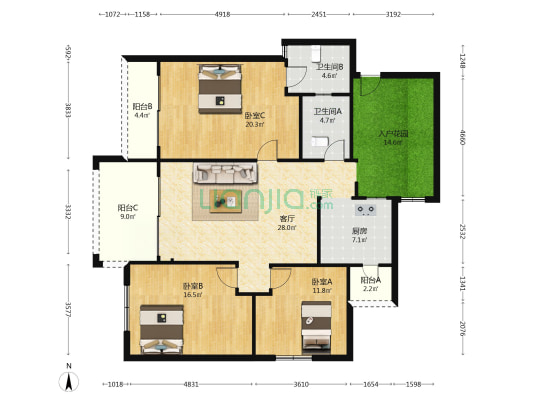 雅宝新城名门世家(四区) 3室1厅2卫 140平方
