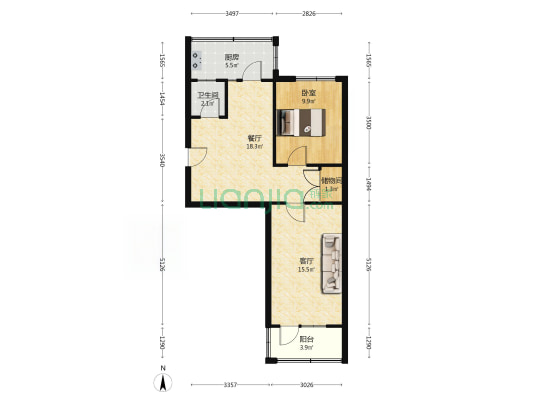 桃园区 金属器件厂中间三层带装修南北通透两居室-户型图