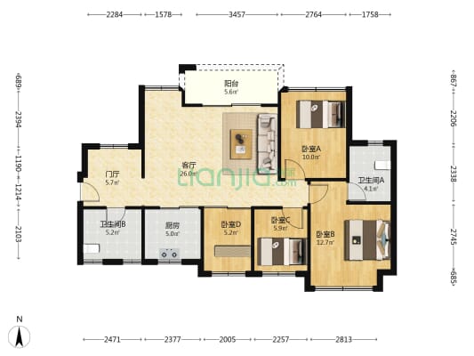 美盛岭尚苑 4室1厅2卫 96平方