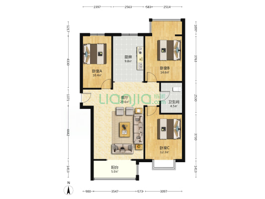 惠友万悦城(涿州) 3室1厅 南 北-户型图