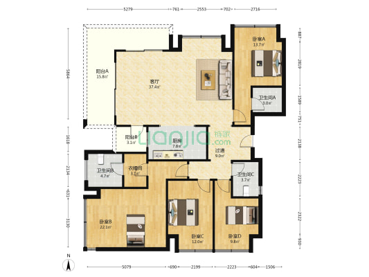 金科美的原上A组团 4室1厅3卫 162平方
