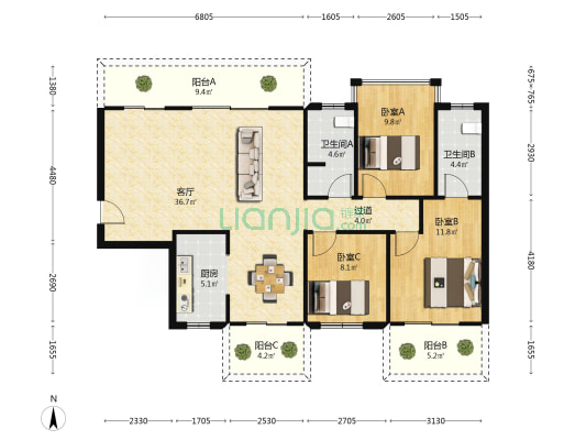 北投溪境 3室1厅2卫 120平方