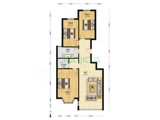 钻石广场 3室1厅 南 北-户型图